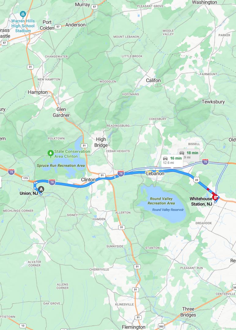 driving from Union, New Jersey to Whitehouse StationNew Jersey - map and route