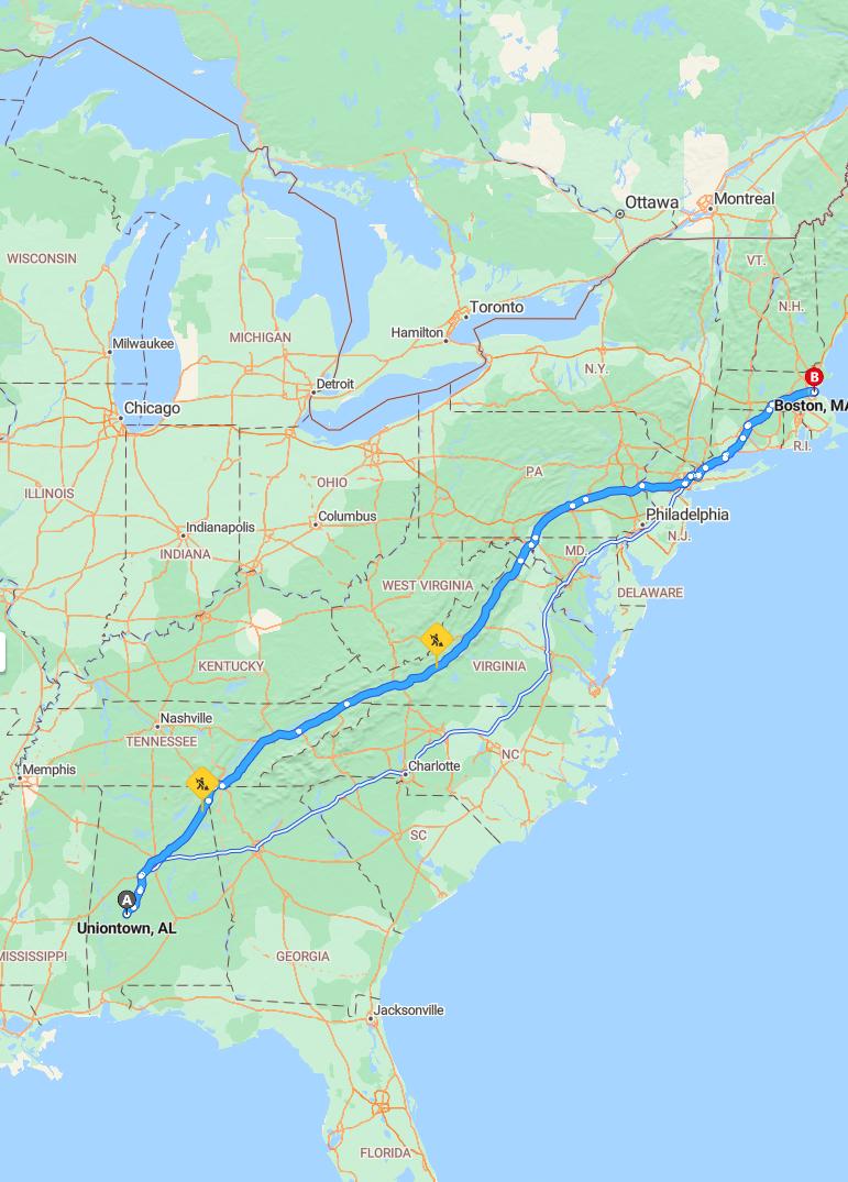 driving from Uniontown, Alabama to BostonMassachusetts - map and route