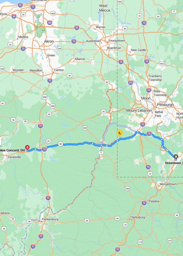 driving from Uniontown, Pennsylvania to New ConcordOhio - map and route