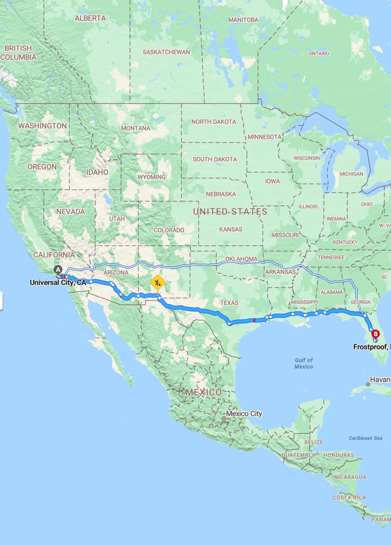 driving from Universal City, California to FrostproofFlorida - map and route