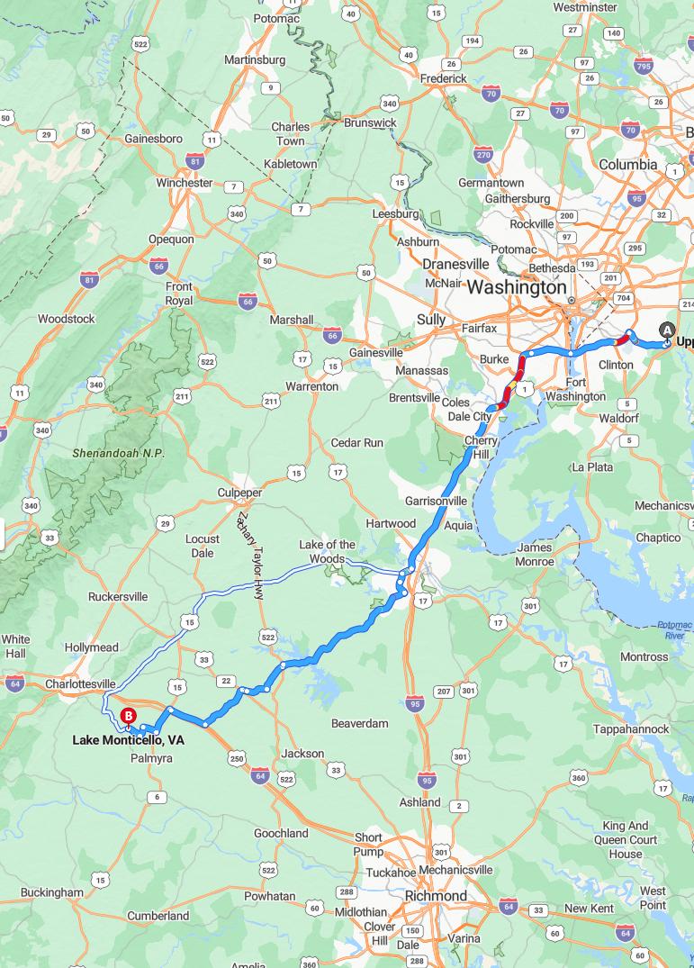 driving from Upper Marlboro, Maryland to Lake MonticelloVirginia - map and route
