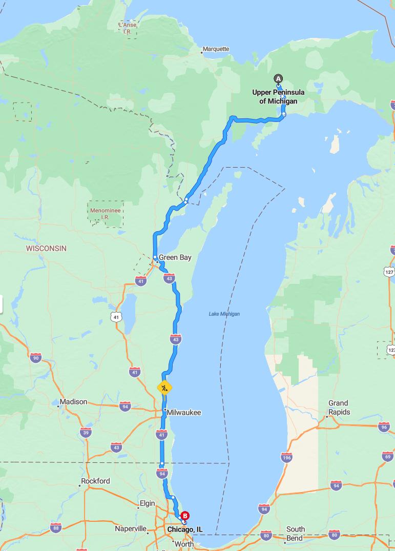 driving from Upper Peninsula, Michigan to ChicagoIllinois - map and route