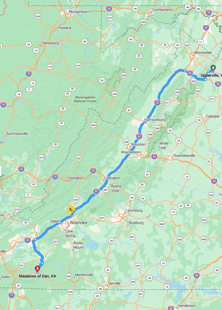 driving from Upperville, Virginia to Meadows of DanVirginia - map and route