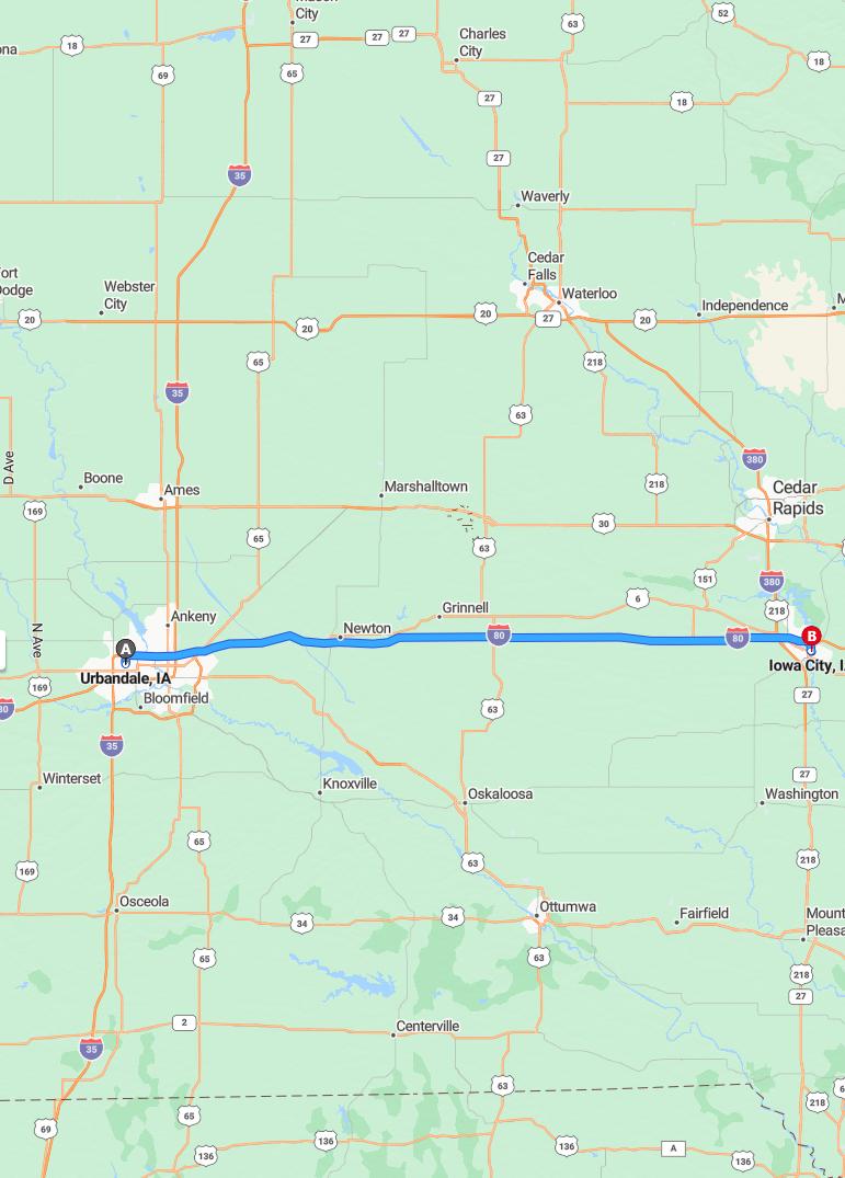 driving from Urbandale, Iowa to Iowa CityIowa - map and route
