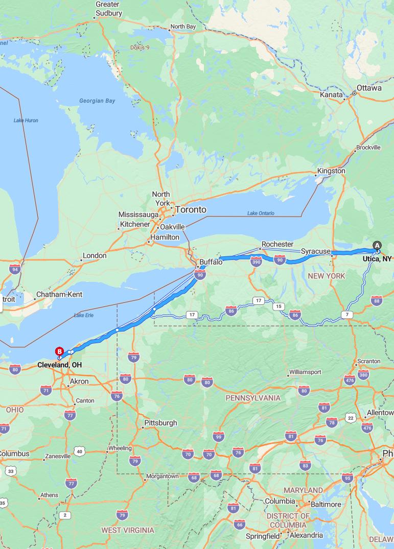 driving from Utica, New York to ClevelandOhio - map and route