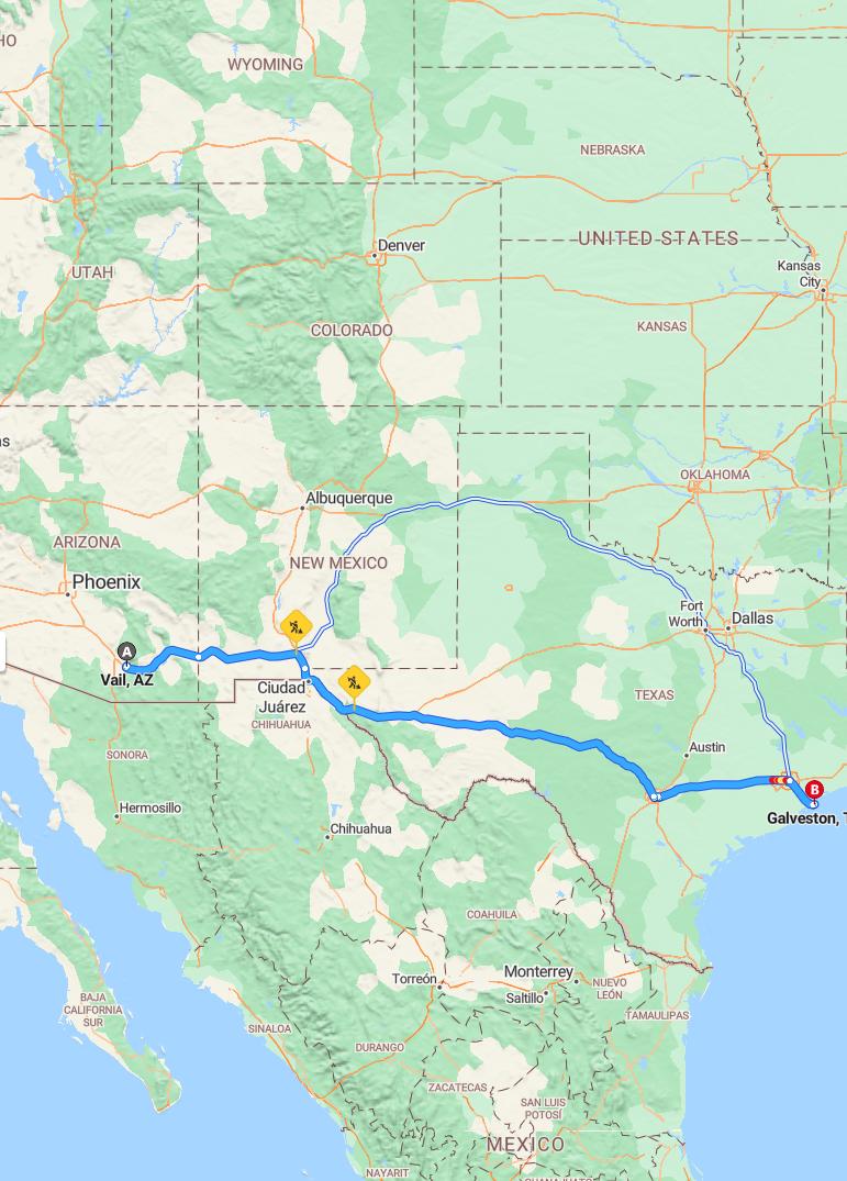 driving from Vail, Arizona to GalvestonTexas - map and route