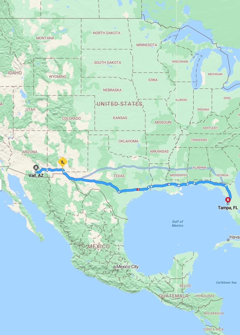 driving from Vail, Arizona to TampaFlorida - map and route