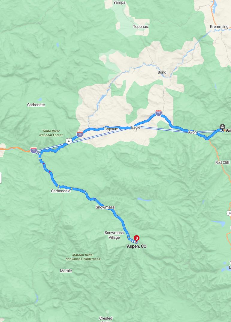 driving from Vail, Colorado to AspenColorado - map and route