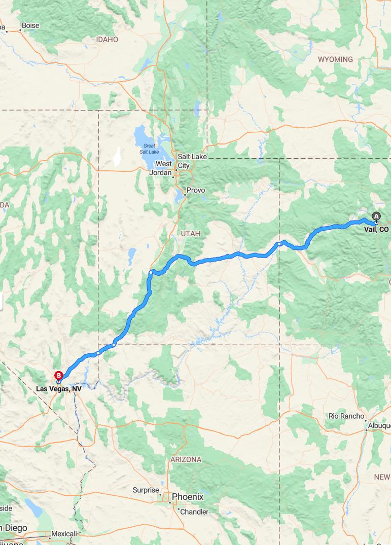 driving from Vail, Colorado to Las VegasNevada - map and route