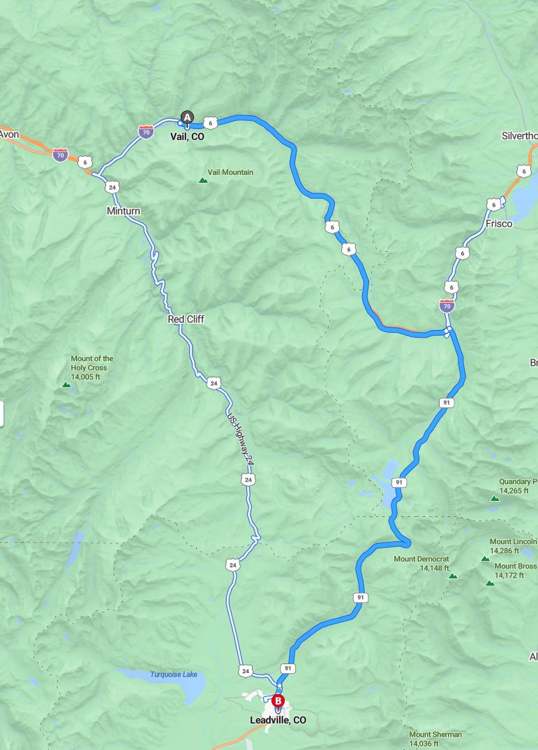 driving from Vail, Colorado to LeadvilleColorado - map and route