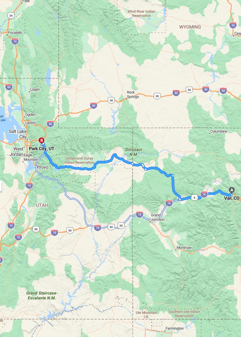 driving from Vail, Colorado to Park CityUtah - map and route