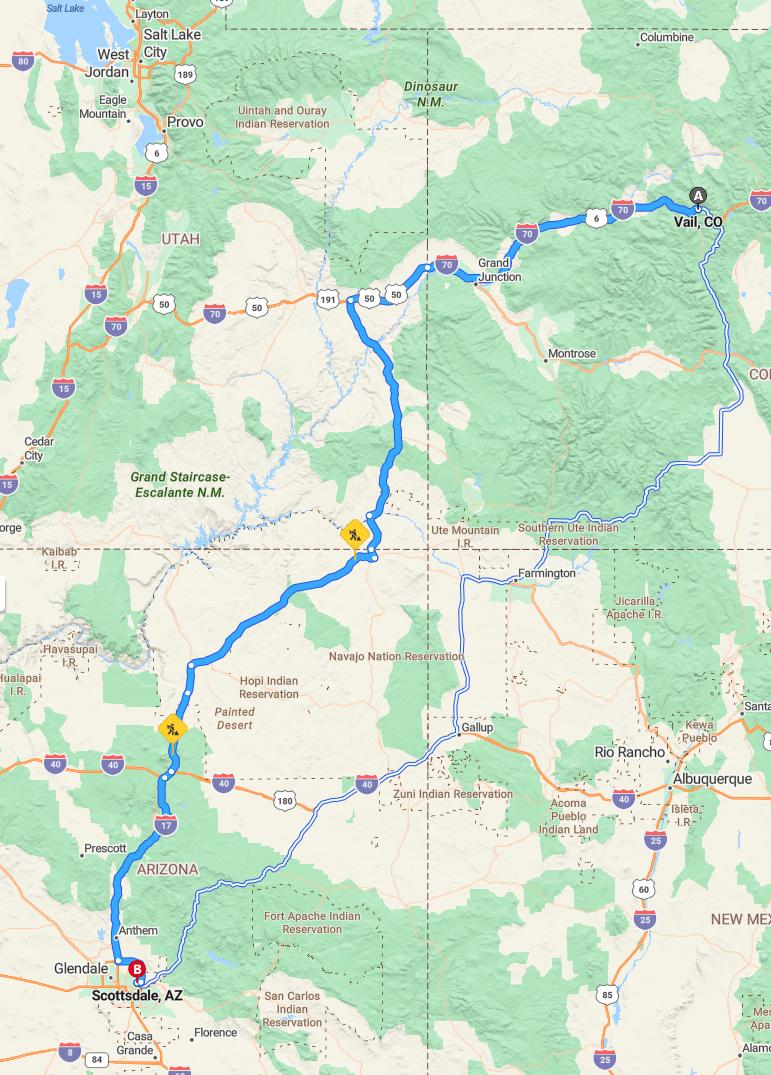 driving from Vail, Colorado to ScottsdaleArizona - map and route