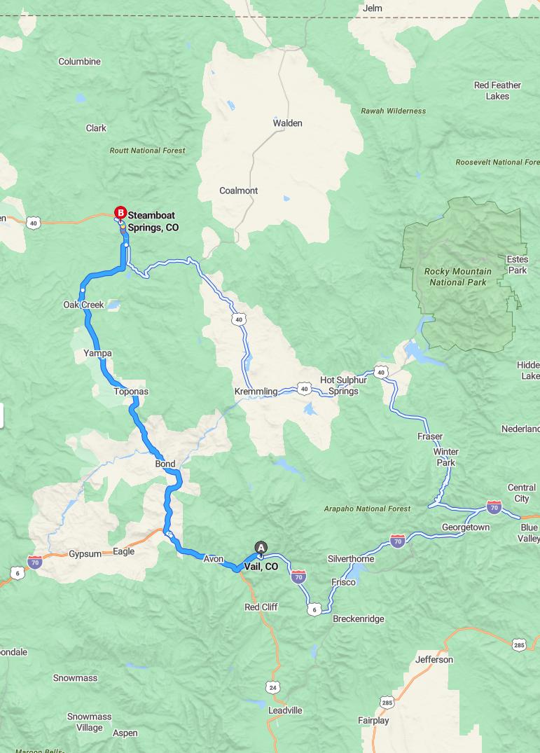 driving from Vail, Colorado to Steamboat SpringsColorado - map and route