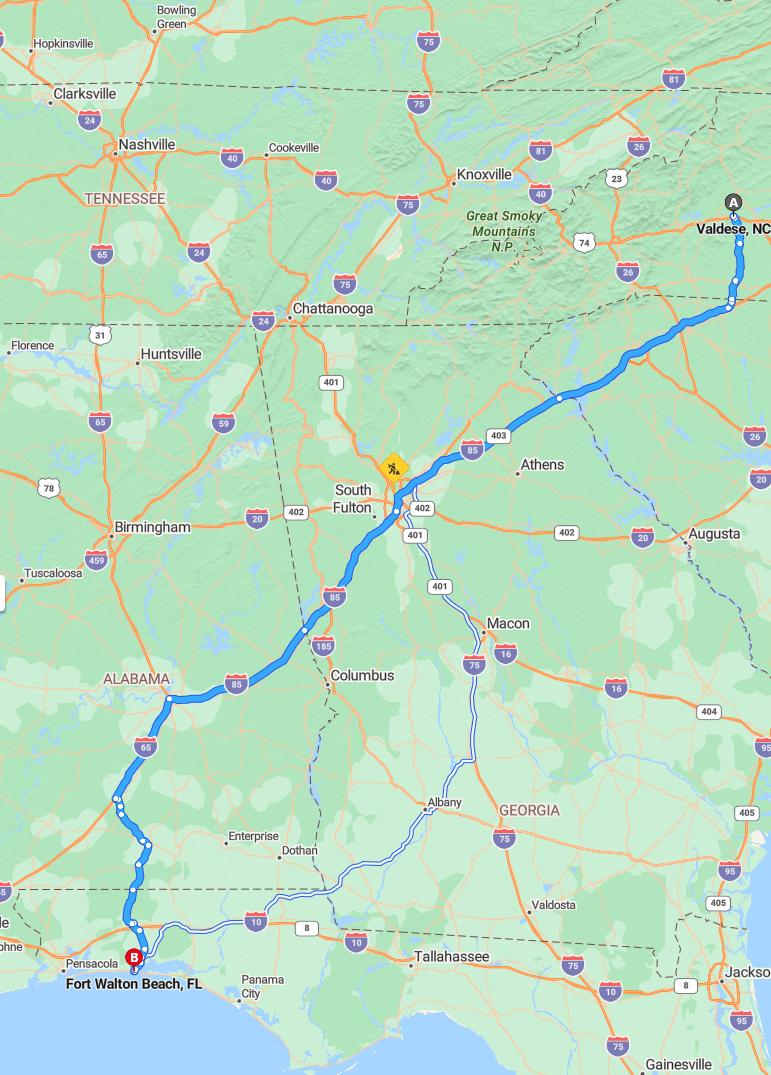 driving from Valdese, North Carolina to Fort Walton BeachFlorida - map and route