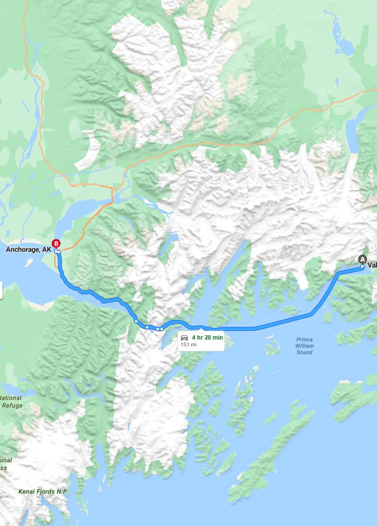 driving from Valdez, Alaska to AnchorageAlaska - map and route