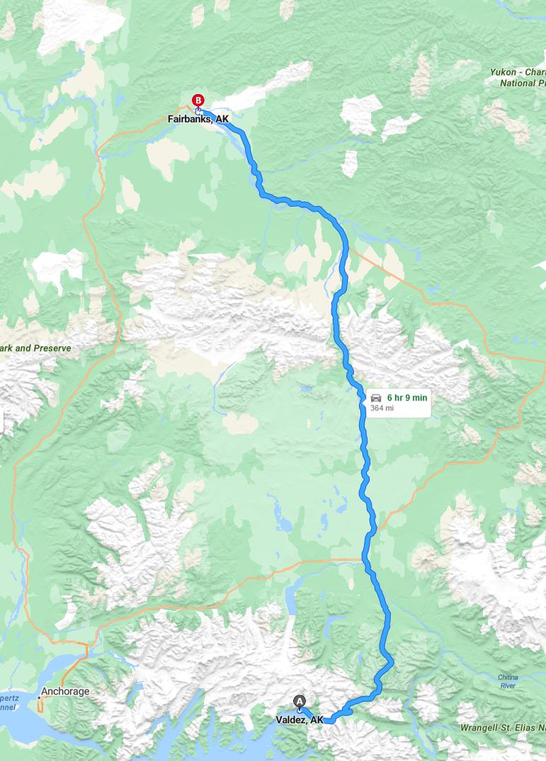 driving from Valdez, Alaska to FairbanksAlaska - map and route