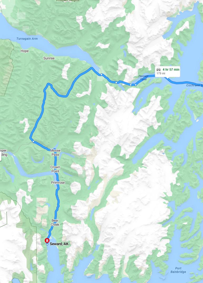 driving from Valdez, Alaska to SewardAlaska - map and route