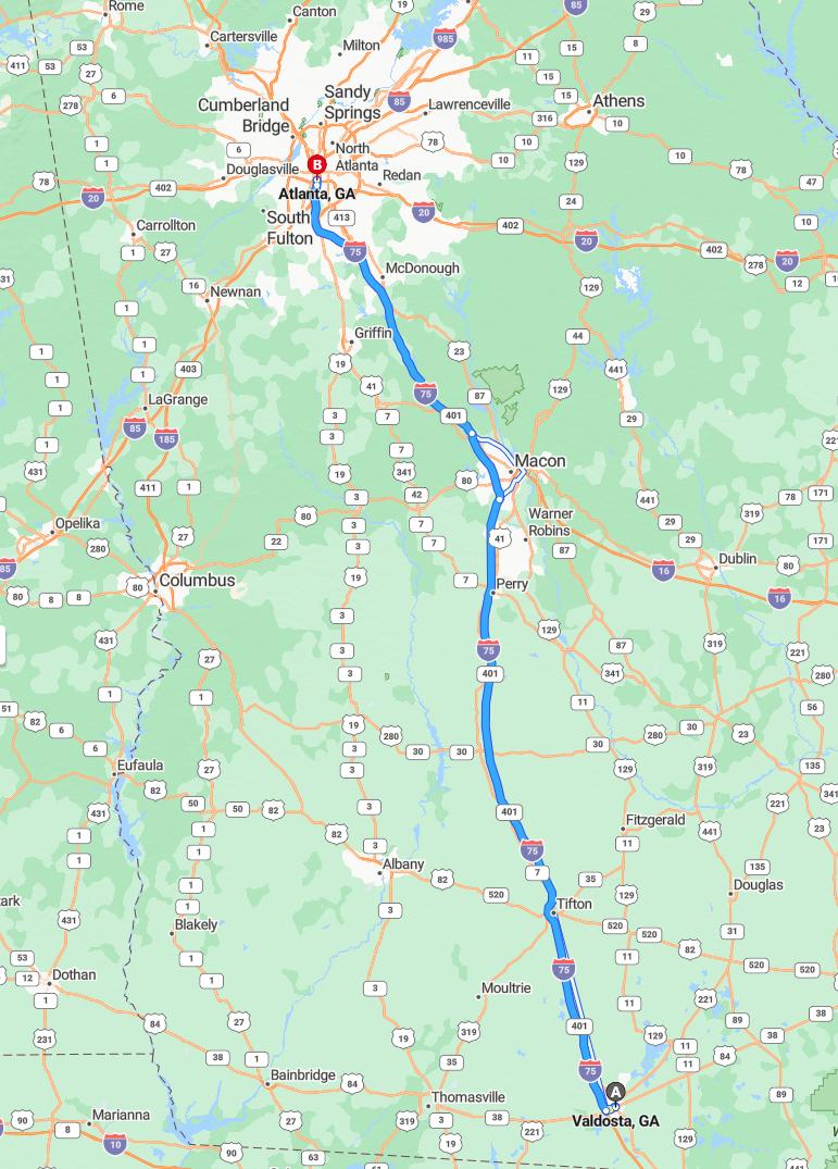 driving from Valdosta, Georgia to AtlantaGeorgia - map and route