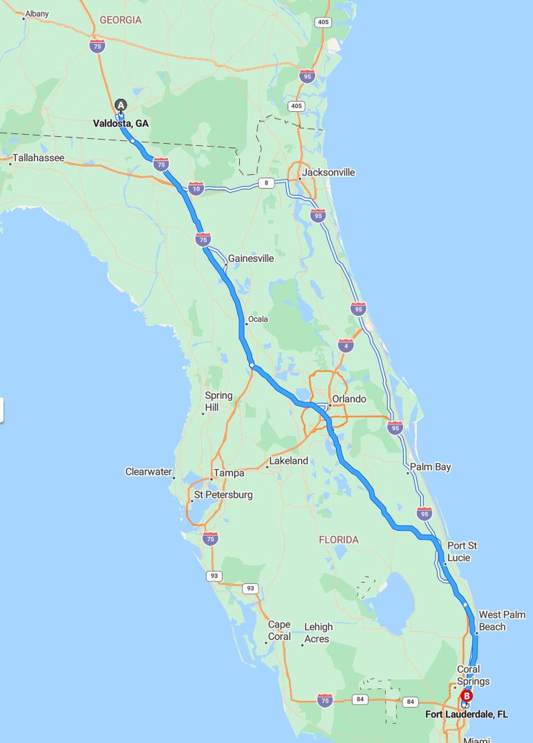 driving from Valdosta, Georgia to Fort LauderdaleFlorida - map and route