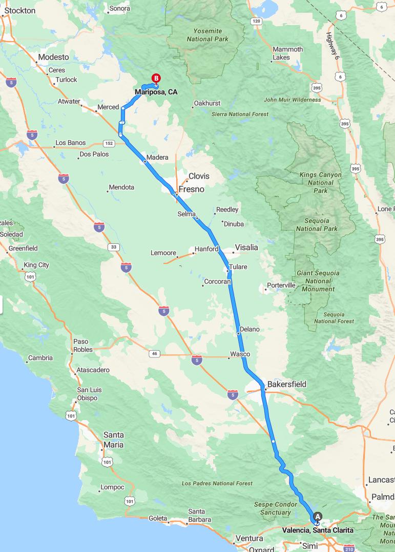 driving from Valencia, California to MariposaCalifornia - map and route