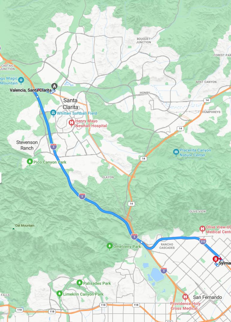 driving from Valencia, California to SylmarCalifornia - map and route