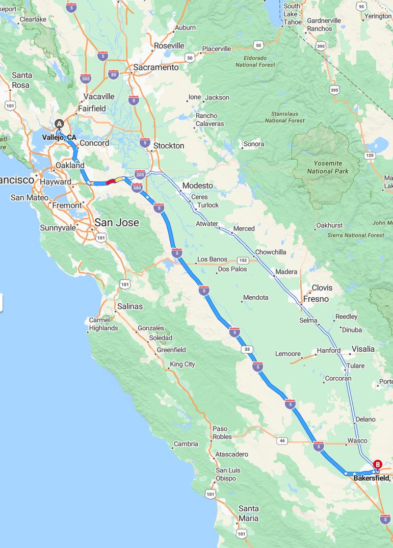 driving from Vallejo, California to BakersfieldCalifornia - map and route