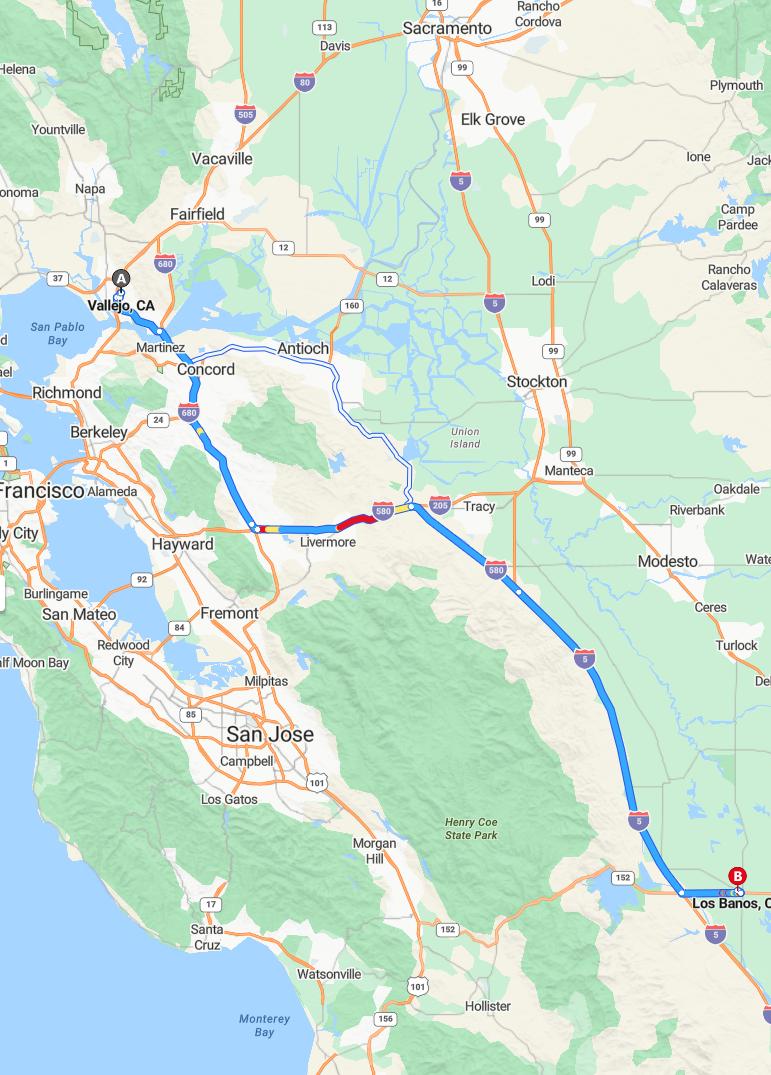 driving from Vallejo, California to Los BanosCalifornia - map and route