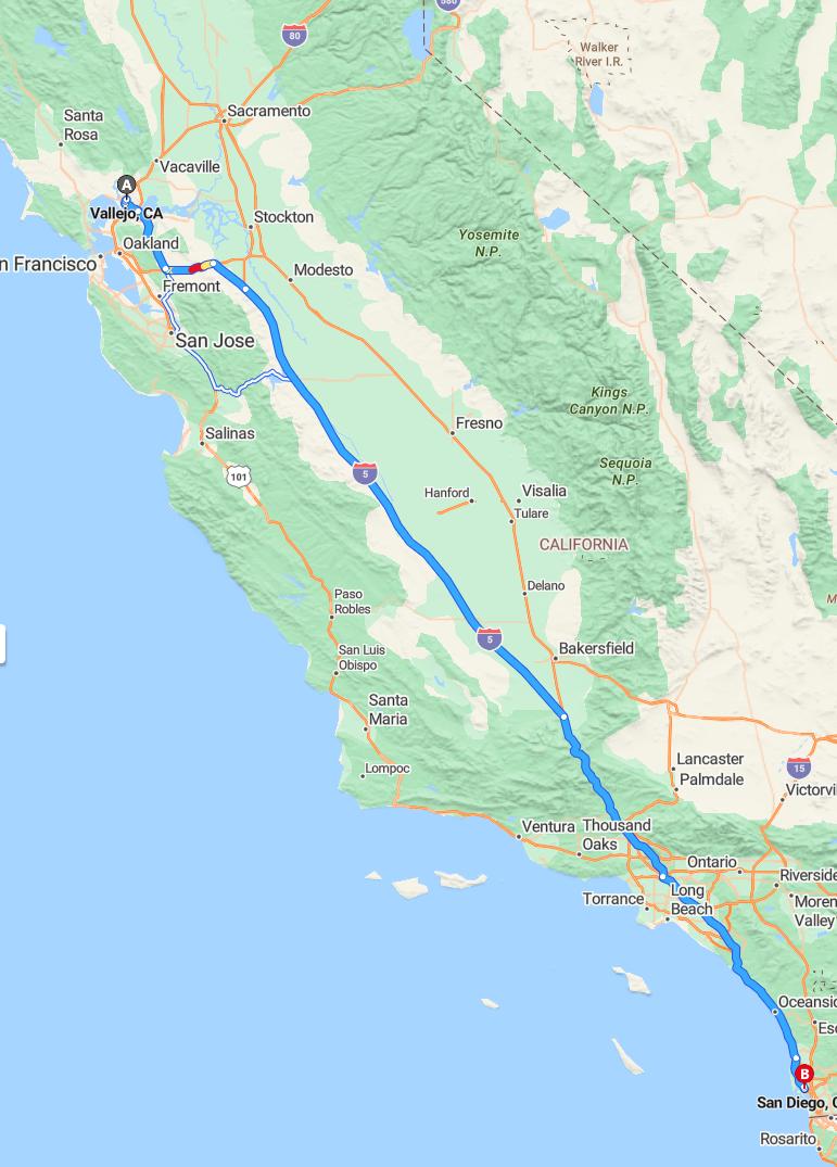 driving from Vallejo, California to San DiegoCalifornia - map and route