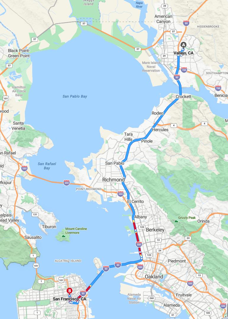 driving from Vallejo, California to San FranciscoCalifornia - map and route