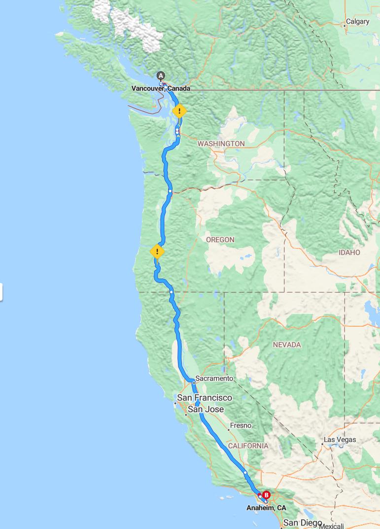 driving from Vancouver, British Columbia to AnaheimCalifornia - map and route