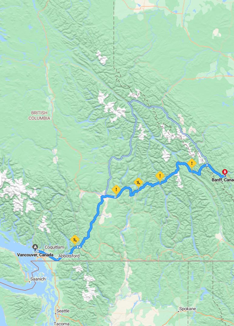 driving from Vancouver, British Columbia to BanffAlberta - map and route