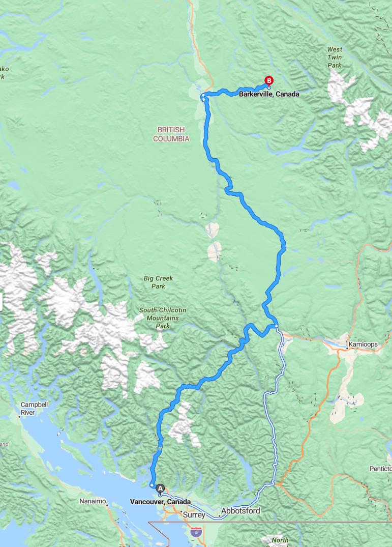 driving from Vancouver, British Columbia to BarkervilleBritish Columbia - map and route