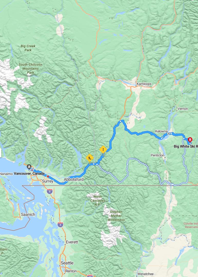 driving from Vancouver, British Columbia to Big WhiteBritish Columbia - map and route