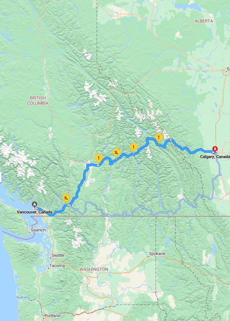 driving from Vancouver, British Columbia to CalgaryAlberta - map and route