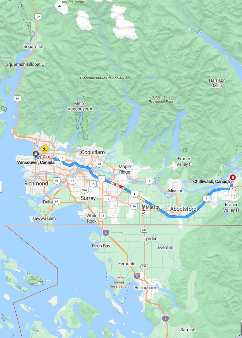 driving from Vancouver, British Columbia to ChilliwackBritish Columbia - map and route