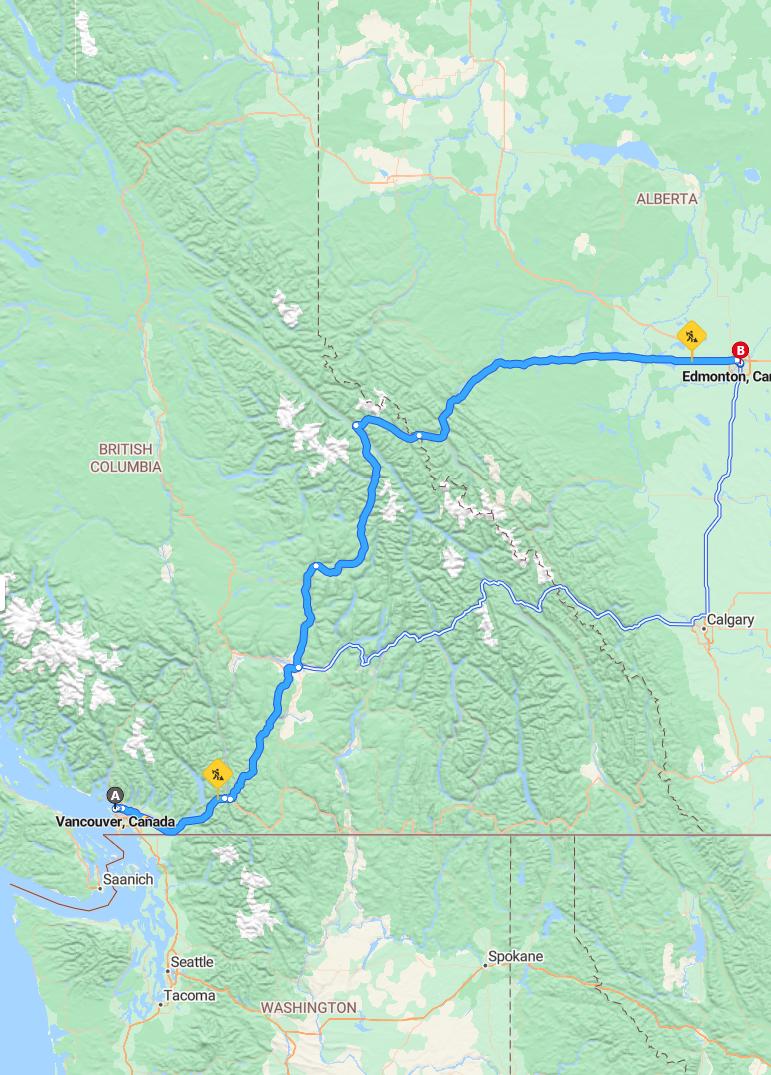 driving from Vancouver, British Columbia to EdmontonAlberta - map and route