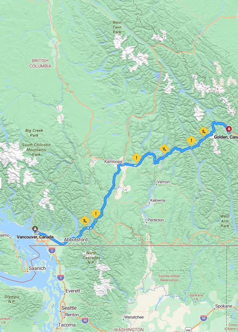 driving from Vancouver, British Columbia to GoldenBritish Columbia - map and route