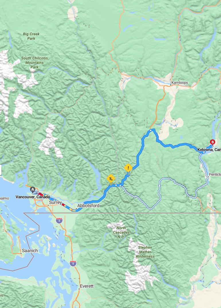 driving from Vancouver, British Columbia to KelownaBritish Columbia - map and route