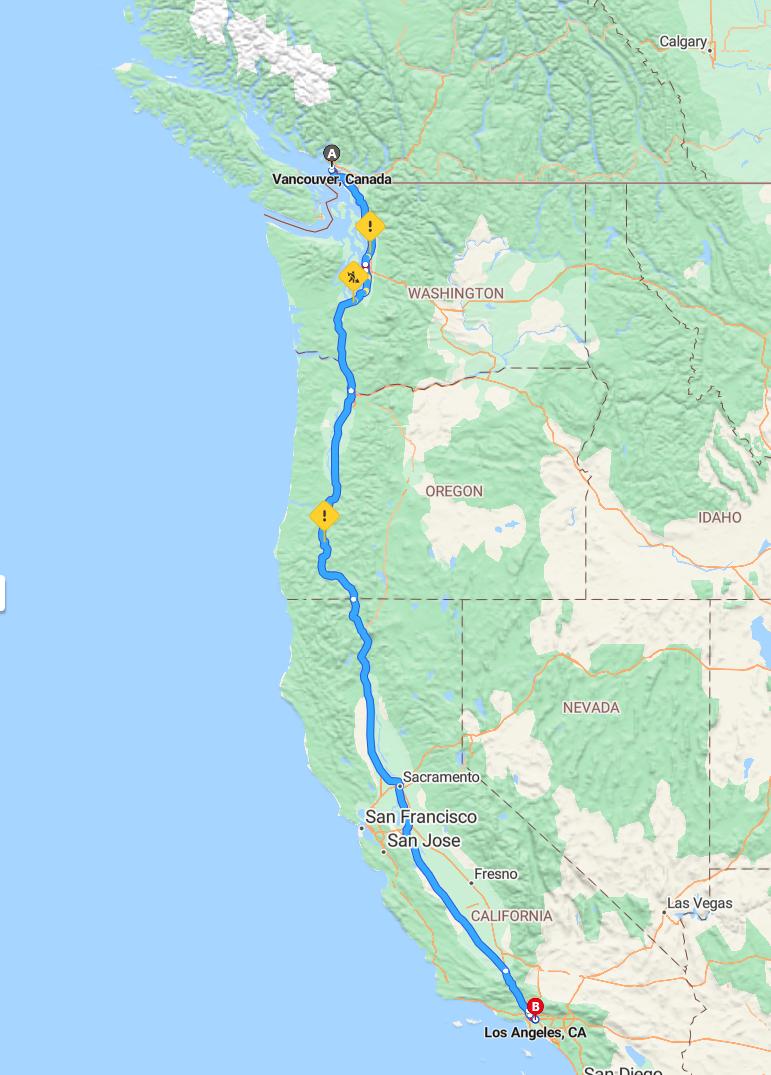 driving from Vancouver, British Columbia to Los AngelesCalifornia - map and route
