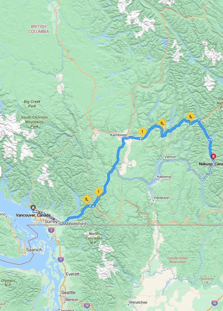 driving from Vancouver, British Columbia to NakuspBritish Columbia - map and route