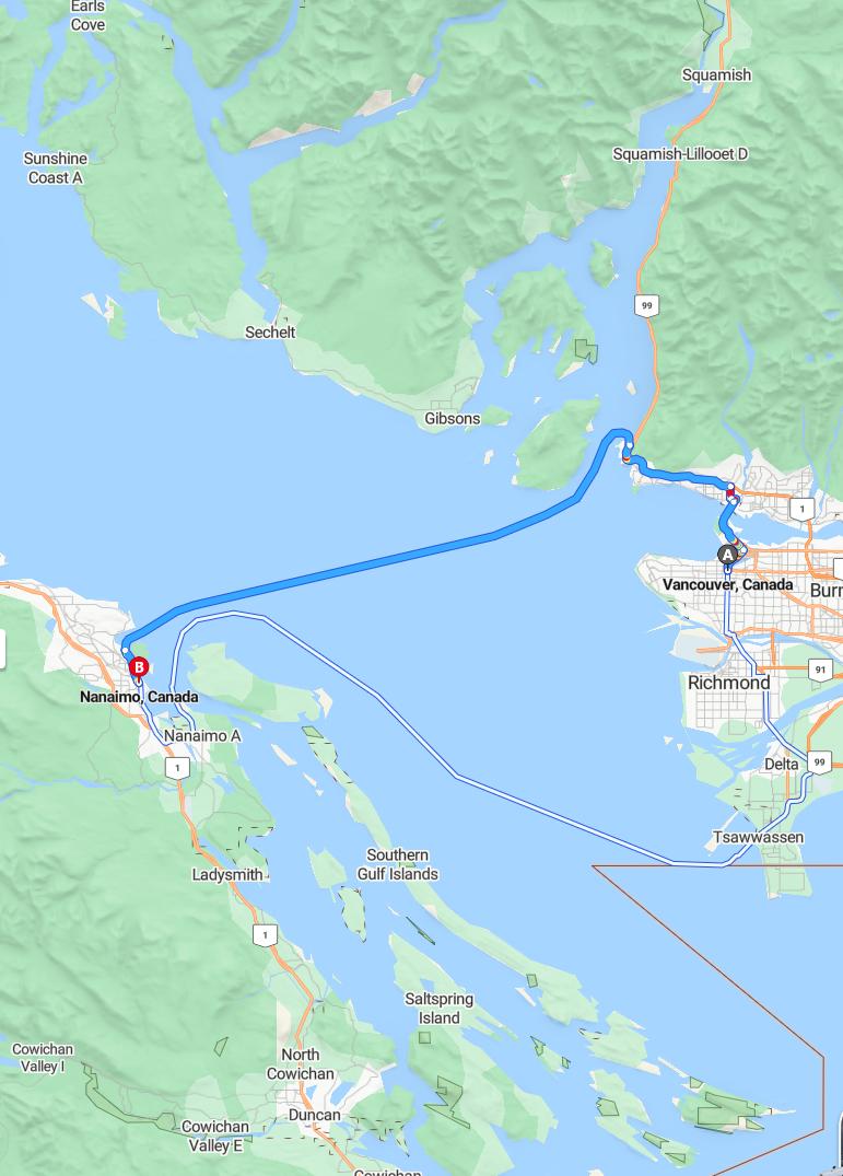 driving from Vancouver, British Columbia to NanaimoBritish Columbia - map and route