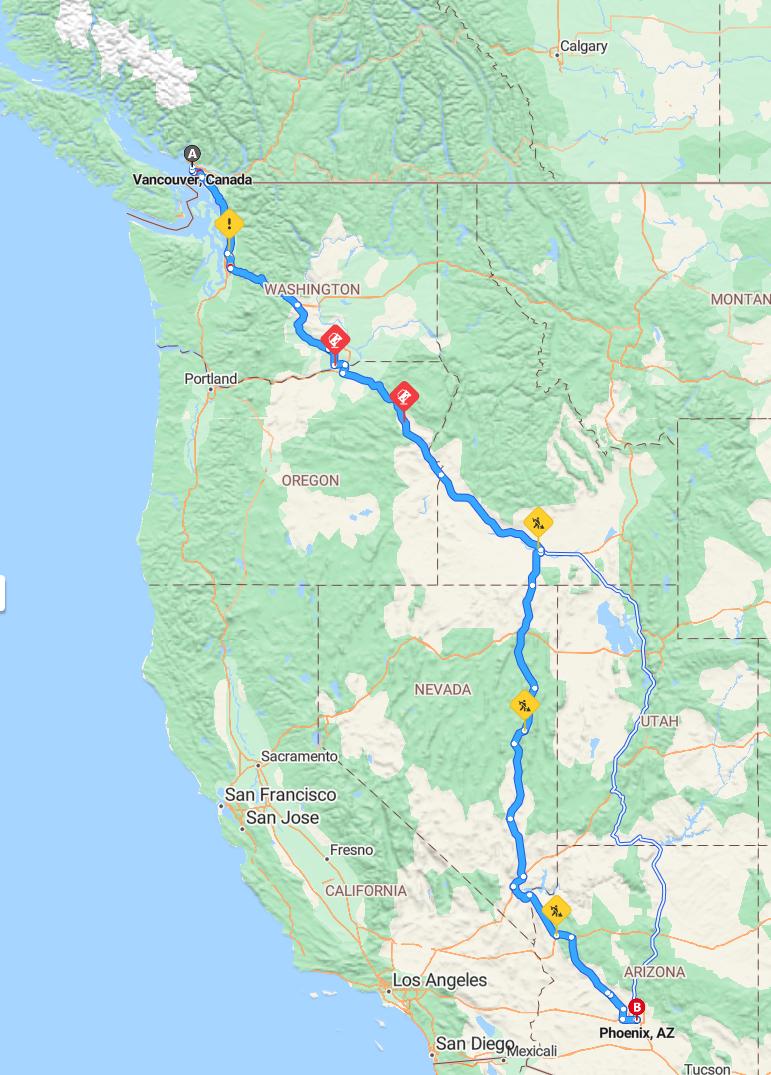 driving from Vancouver, British Columbia to PhoenixArizona - map and route