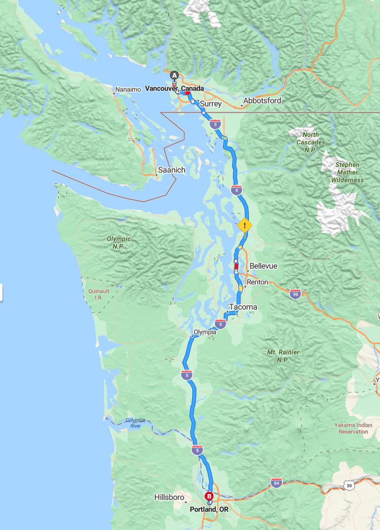 driving from Vancouver, British Columbia to PortlandOregon - map and route