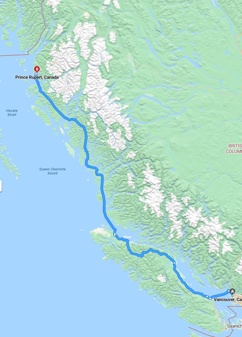 driving from Vancouver, British Columbia to Prince RupertBritish Columbia - map and route