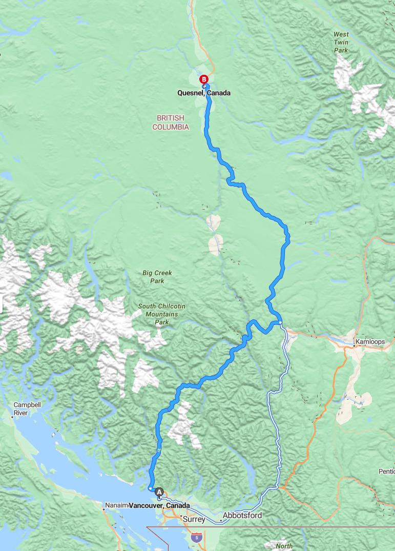 driving from Vancouver, British Columbia to QuesnelBritish Columbia - map and route
