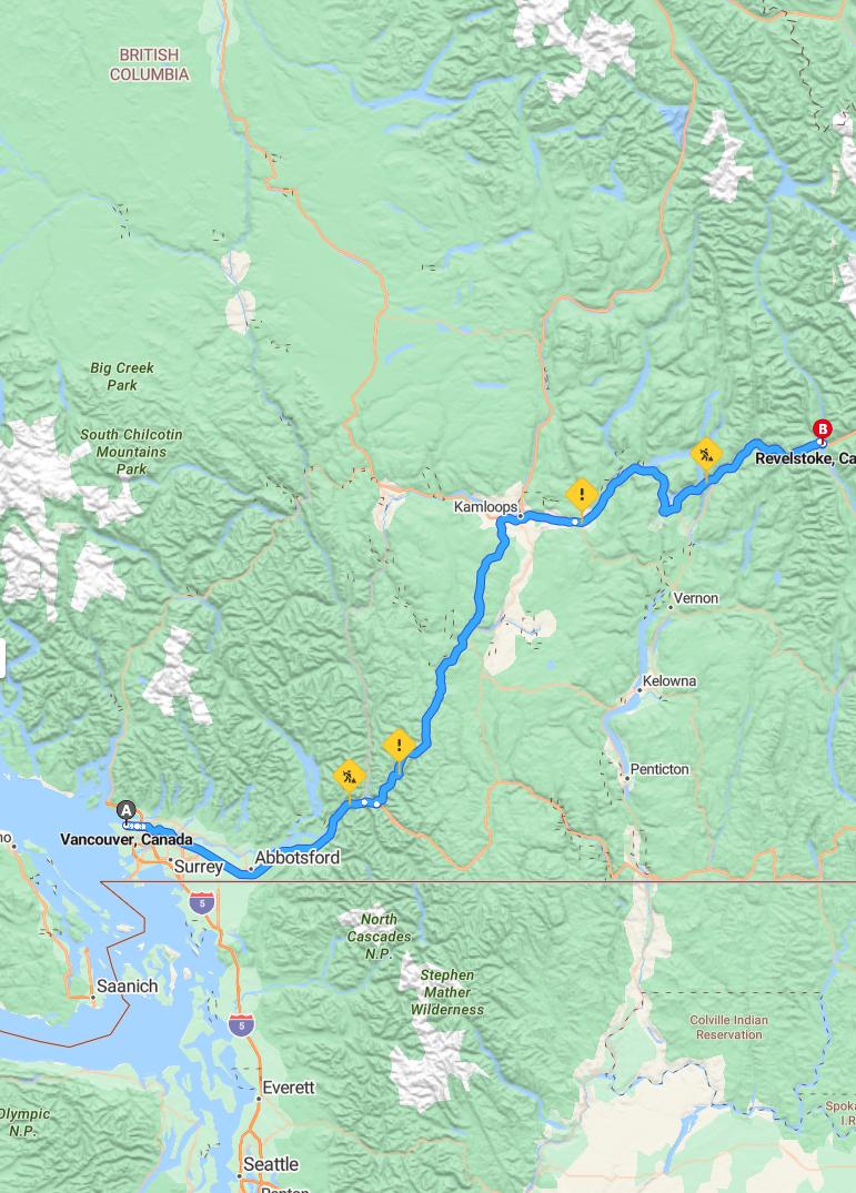 driving from Vancouver, British Columbia to RevelstokeBritish Columbia - map and route