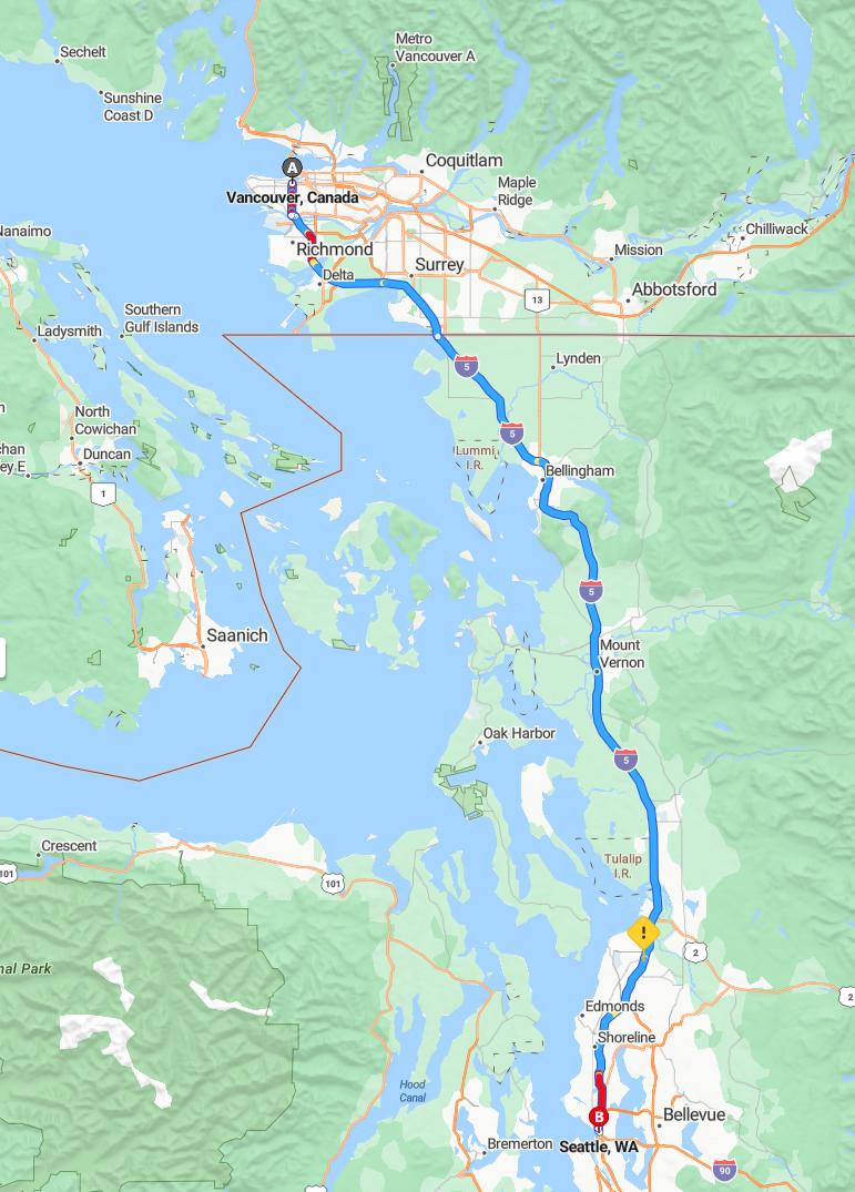 driving from Vancouver, British Columbia to SeattleWashington - map and route