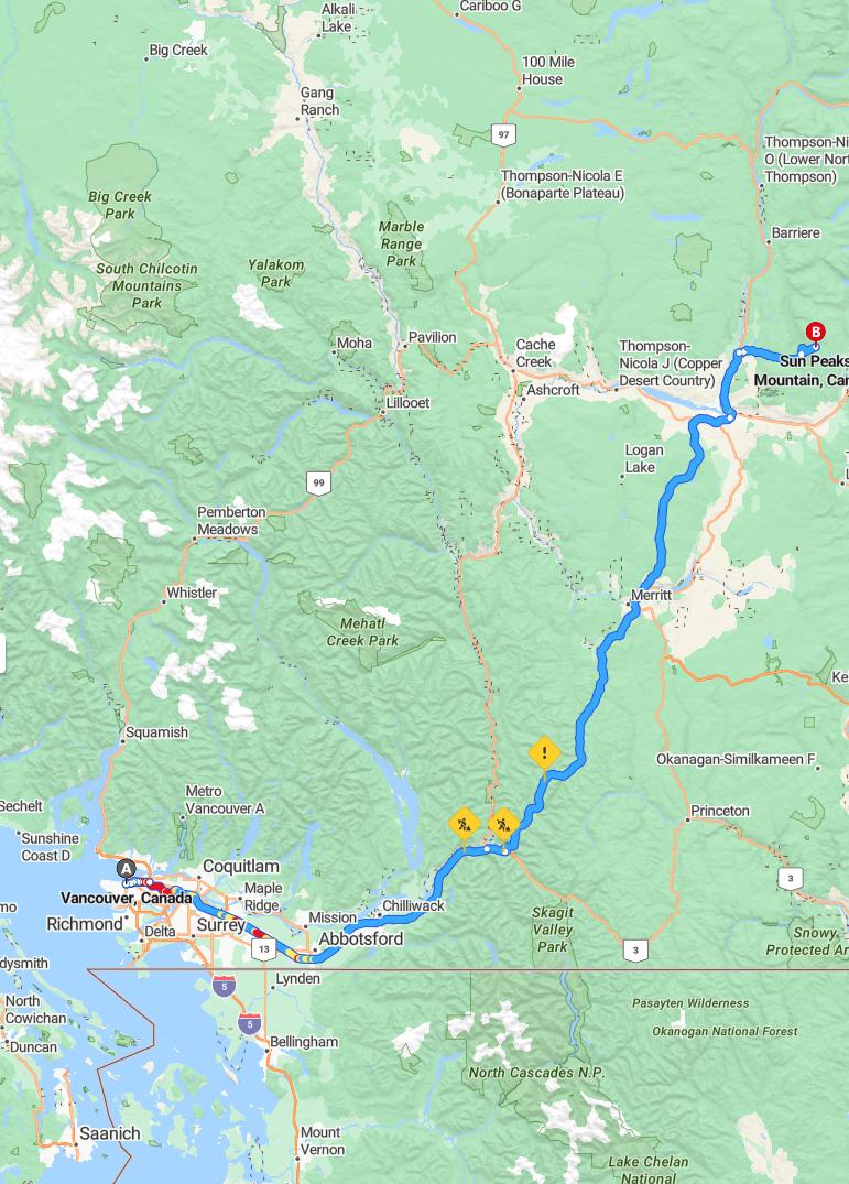 driving from Vancouver, British Columbia to Sun PeaksBritish Columbia - map and route