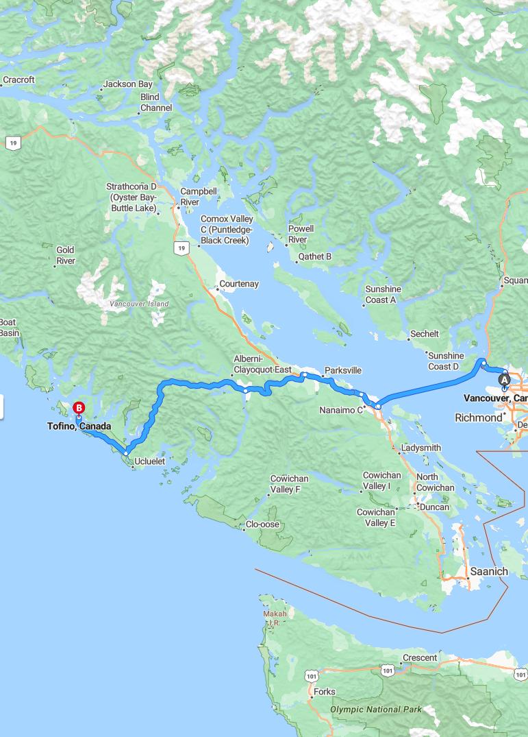 driving from Vancouver, British Columbia to TofinoBritish Columbia - map and route
