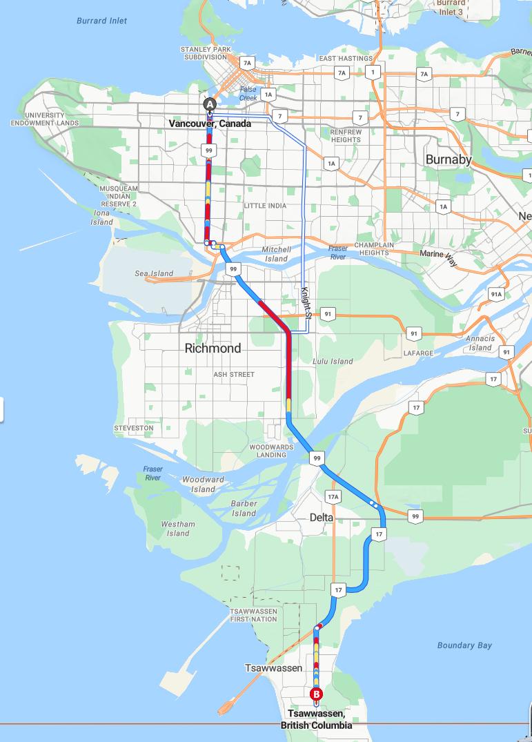 driving from Vancouver, British Columbia to TsawwassenBritish Columbia - map and route